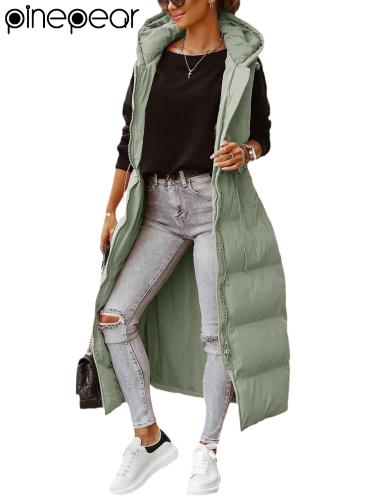 PinePear 2025 Fall Winter Fashion Women Super Long Quilted Vests Hooded Maxi Length Sleeveless Puffer Vest Padded Coat Outerwear