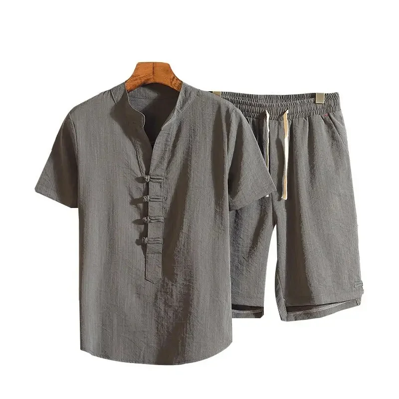 Herensommeroutfit in vintage Chinese stijl, 2-delig, linnenmix, ijskoud aanvoelend, mandarijnkraag, korte mouwen en casual shorts.
