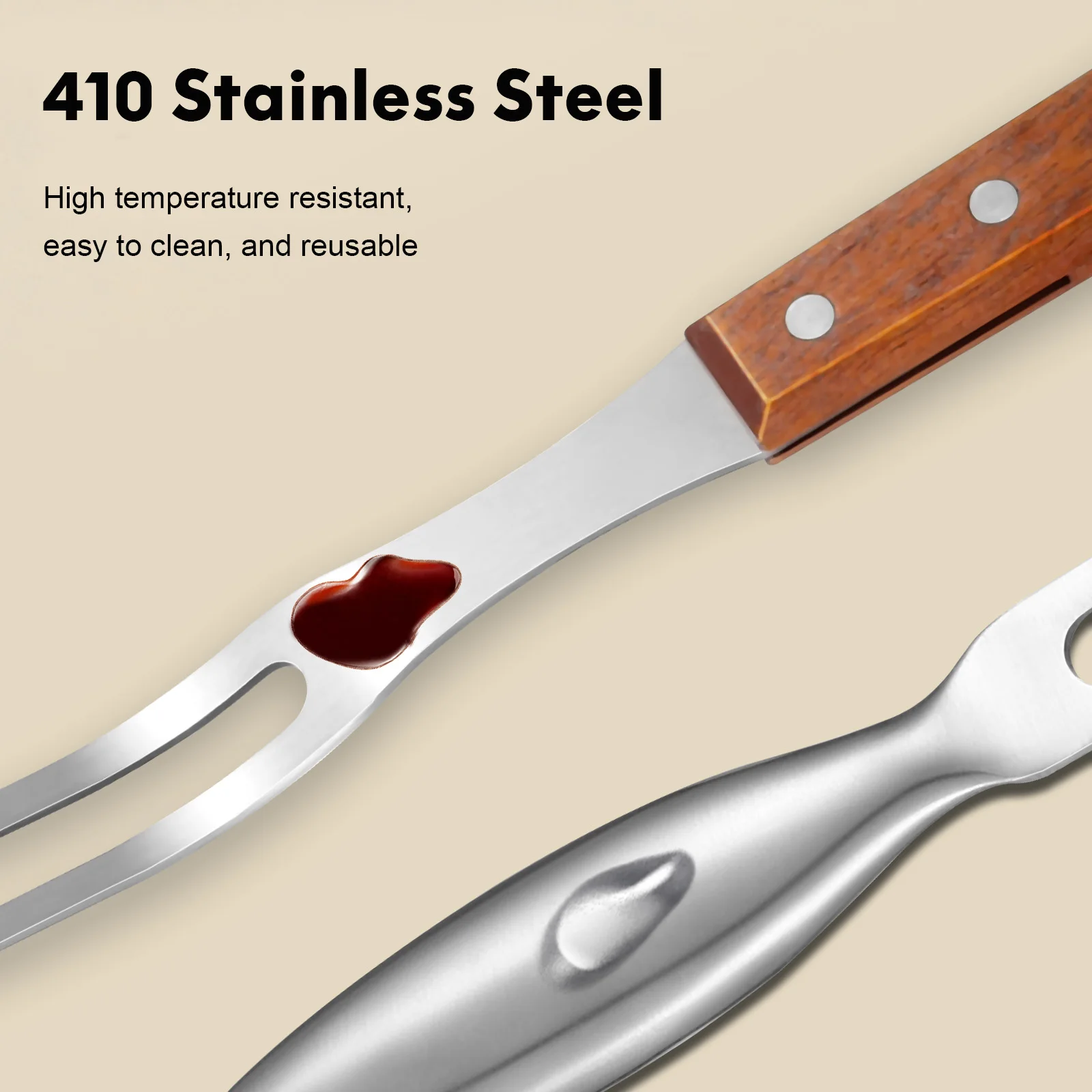 

2pcs Stainless Steel Bbq Carving Roasting Fork For Barbecue Grilling Serving Outdoor Wood Handle Meat Fork Tool Roasting Stick