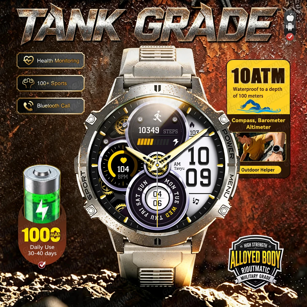 

Новые смарт-часы TANK Ultra 2026 года, 1000 мАч, для спорта, водонепроницаемость 10ATM, с компасом, альтиметром, барометром, Bluetooth-звонками, измерением пульса, фитнес-функциями, для мужчин
