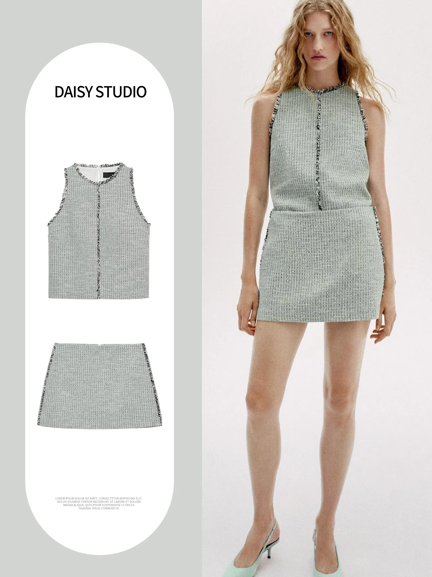  Length Half Skirt Sleeveless round Neck Back Slit Faux Fur Texture Women's Fashion Set Autumn Season No Brand Registered
