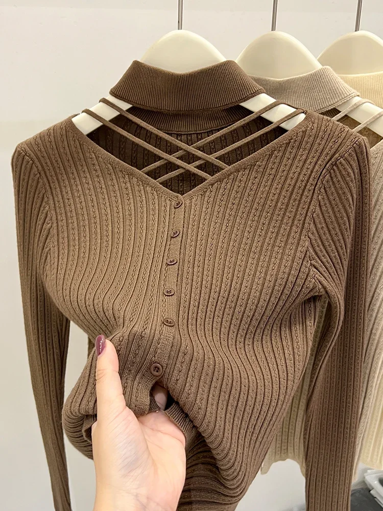 Sexy Hallow Out Halter Knitted Top For Women 2025 Autumn Solid Base Long Sleeve Bottoming Sweater Shirt