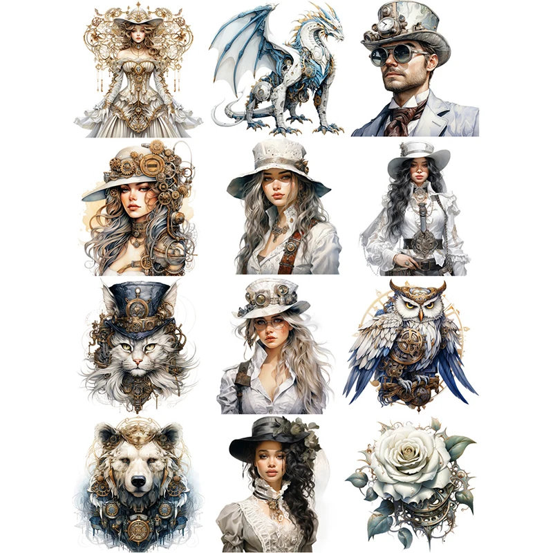 12Pcs/Pack White Steampunk Sticker DIY Craft Scrapbooking Album Junk Journal Decorative Stickers