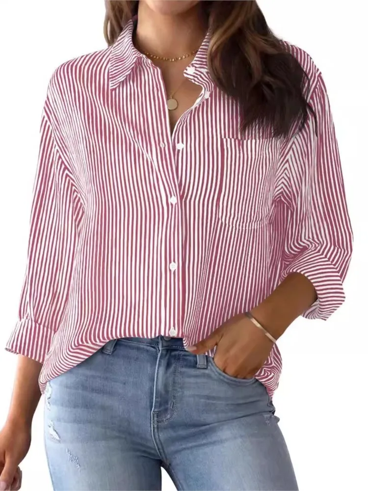 Camisa de manga larga a rayas clásica para mujer, Top elegante con bolsillo de solapa, botonadura única, ropa de oficina, Otoño, 2024