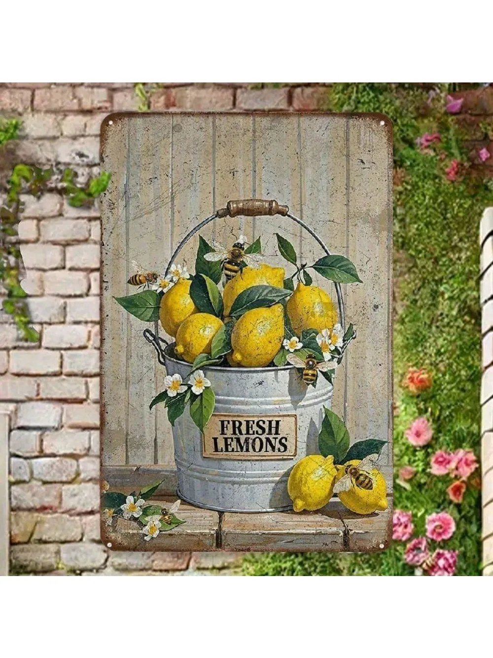 Vintage Lemon Basket Metal Tin Sign Wall Decoration 12x8inch Country Style Kitchen Home Bar Garden Decor with Little Bee