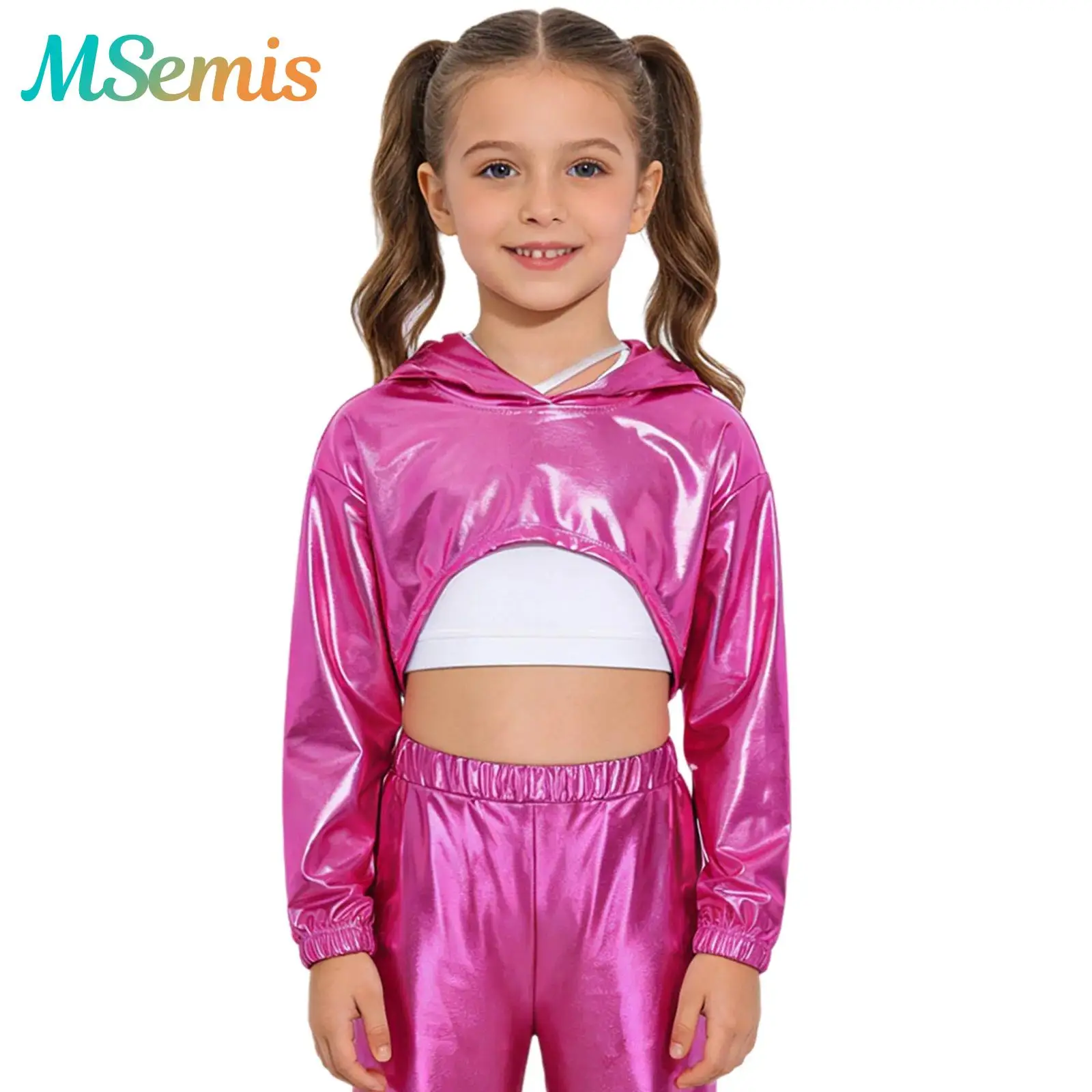 

Kids Girls Hip-Hop Cropped Hooded Top Jazz Street Dance Performance Costume Long Sleeve Metallic Hoodie Prom Party Dancewear