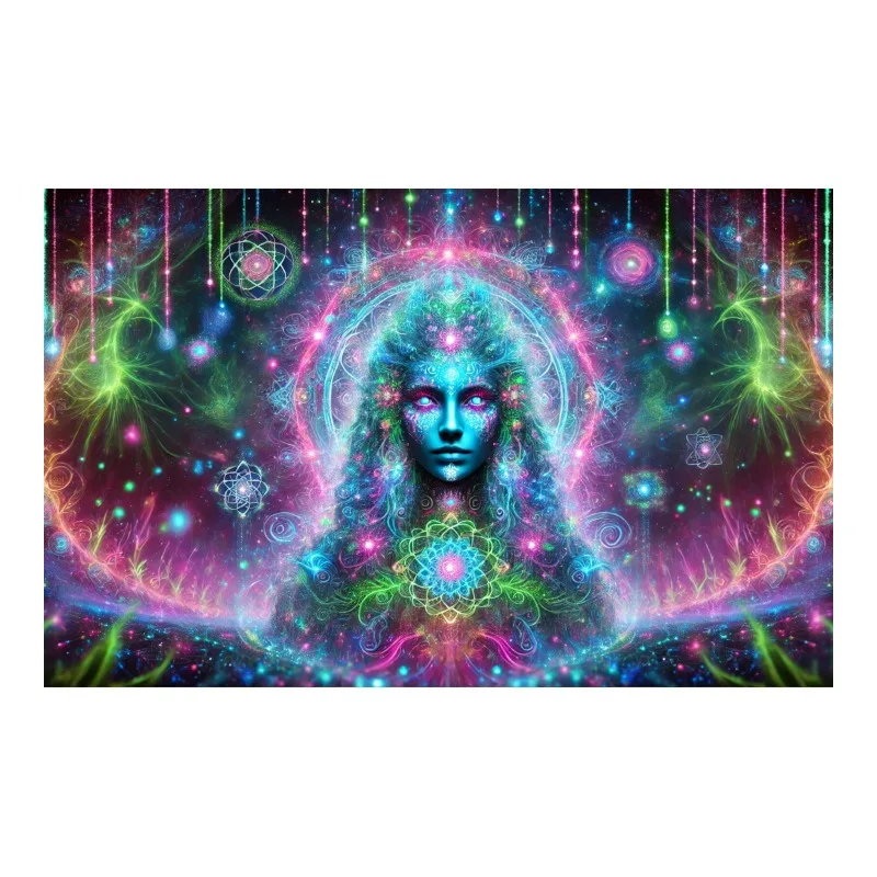 2D Flat Printed Trippy Goddess Mandala Tapestry UV Reactive Blacklight Cosmic Peach Skin Wall Hanging Fluorescent Room Decor