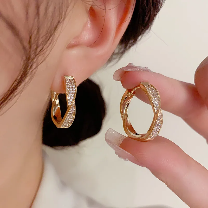 Korean Style Personalized Fashion Micro Inlaid Twisted High-end Feeling Simple Exaggerated Niche Design Earrings