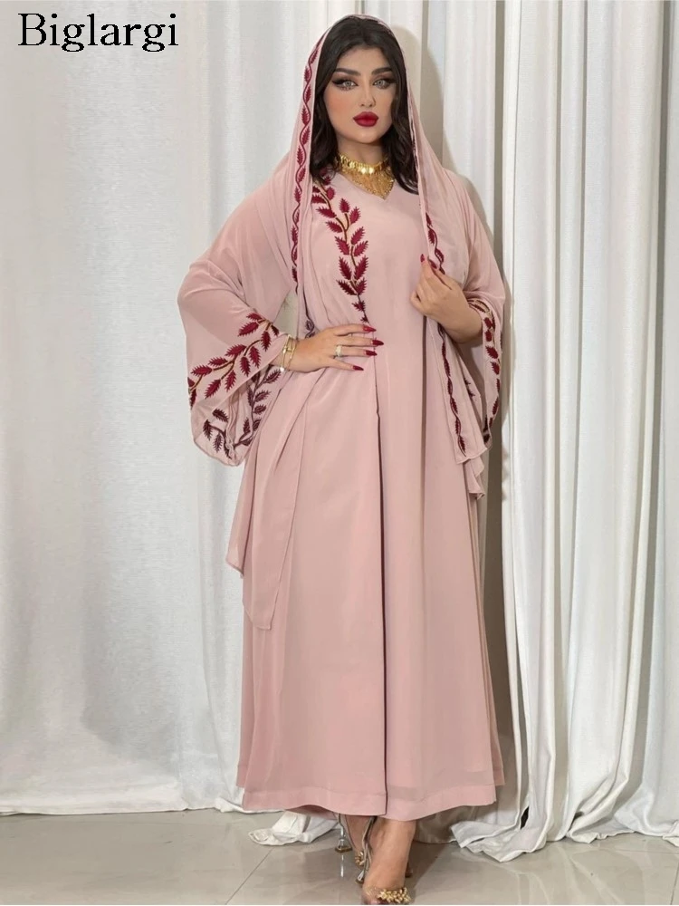 

Spring Autumn Pink Dress Women Floral Embroidery Fashion Ruffle Loose Pleated Ladies Dresses Flared Long Sleeve Woman Long Dress