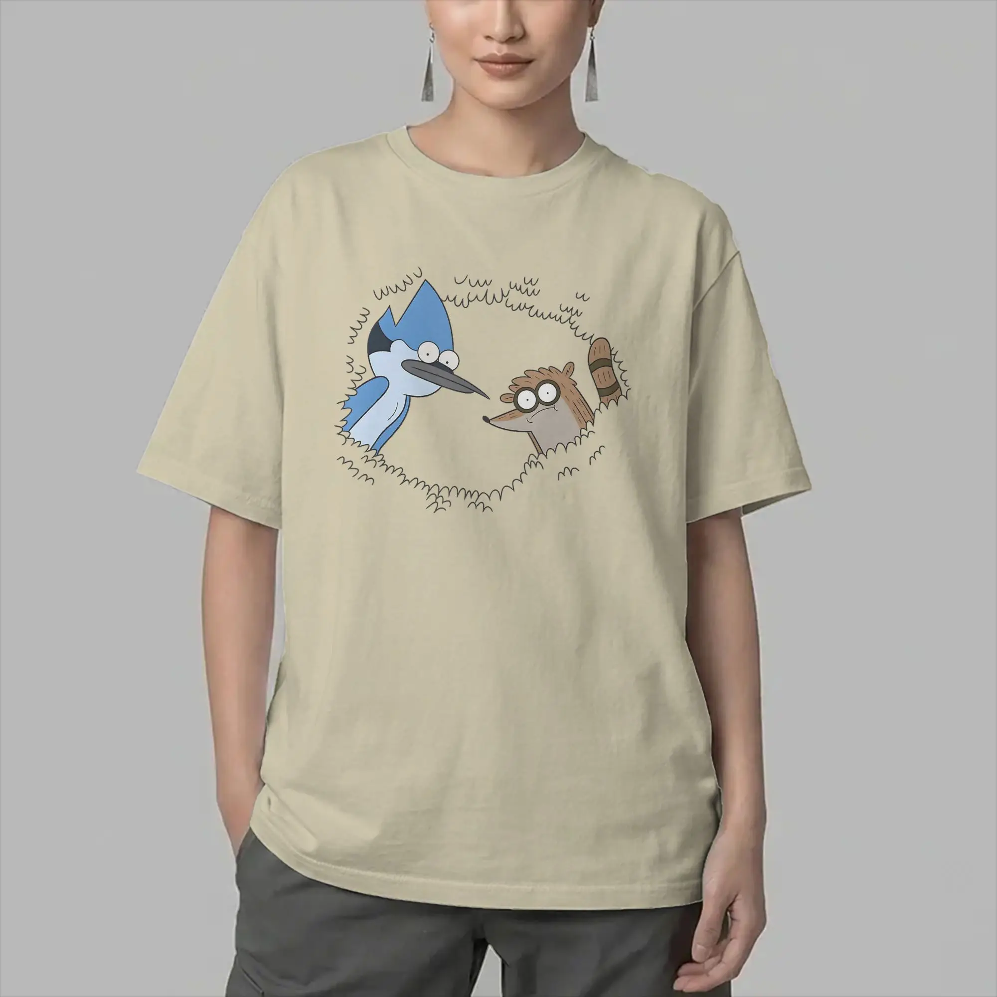 Cartoon Regulars Show Mordecai and Rigby T Shirt for Men Pure Cotton Creative T-Shirt Crewneck  Tees Short Sleeve Clothes