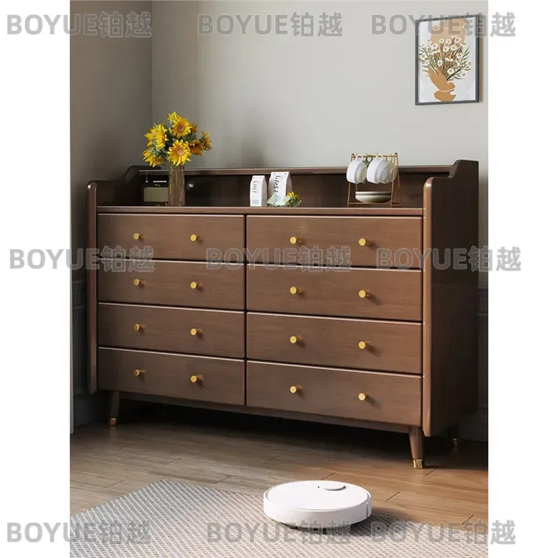Nordic Retro Solid Wood Sideboard Rattan Storage Cabinet Living Room Drawer Chest with Door Modern Minimalist Furniture