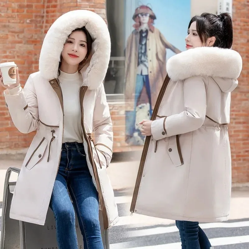 2023 New Fur Collar Parkas Women Hooded Fleece Liner Winter Jacket Detachable Warm Padded Coat Snow Wear Long Overcoat