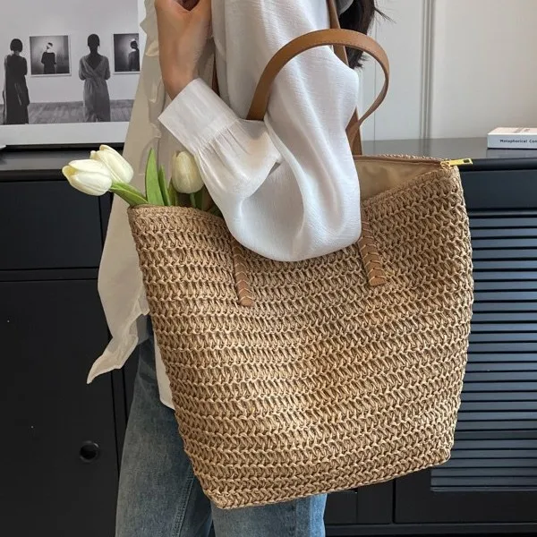 

Плетеная сумка для летнего пляжного отдыха, новая универсальная сумка через плечо для поездок на работу, плетеная сумка-тоут.