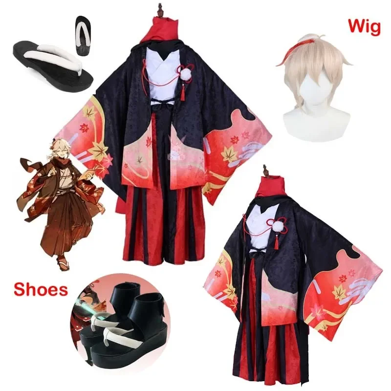 

Anime Game Genshin Impact kaedehara kazuha five kasen cosplay Costume Kimono Halloween Carnival Samurai Costume Prop Wig shoes