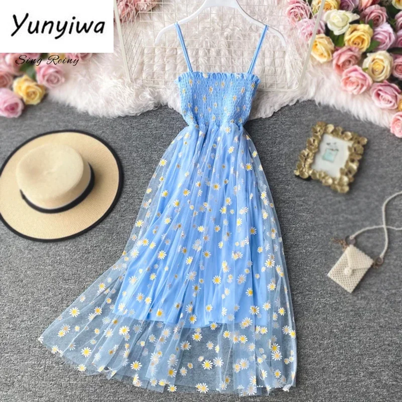 Women daisy Print Dresses Summer Sexy Lace Mesh Dress Spaghetti Strap Ruched Floral Vestidos Korean Style Long Dress