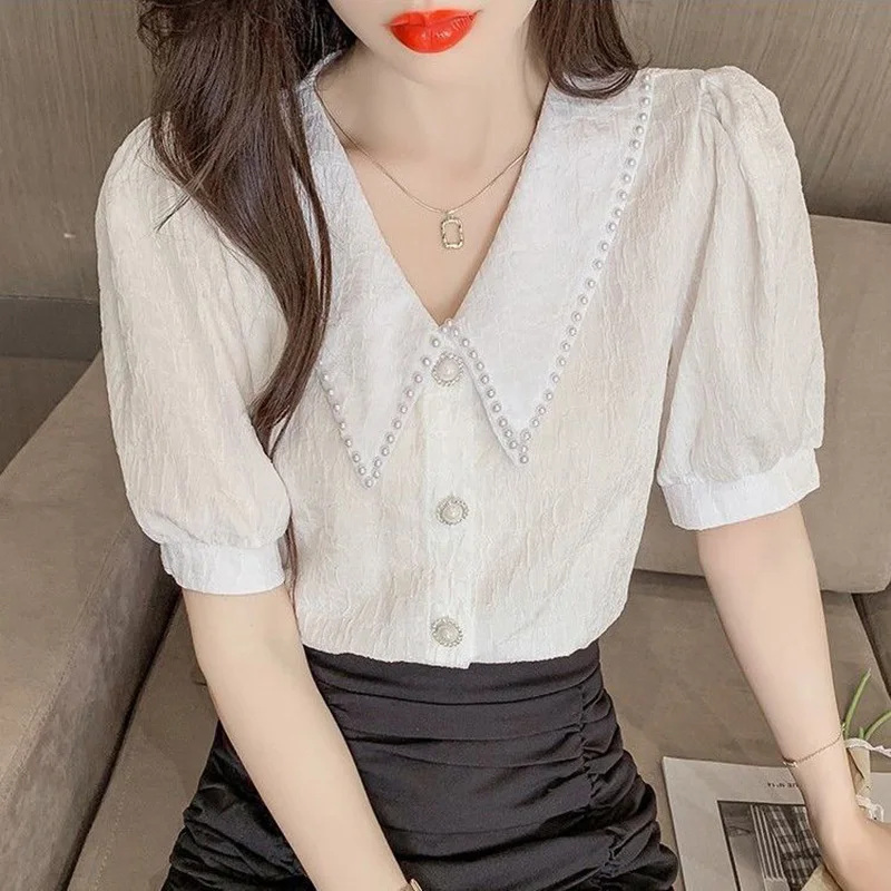 Sweet Peter Pan Collar Puff Sleeve Button Oversized Beading Blouse Summer Casual Tops Elegant Female Clothing Commute Shirt