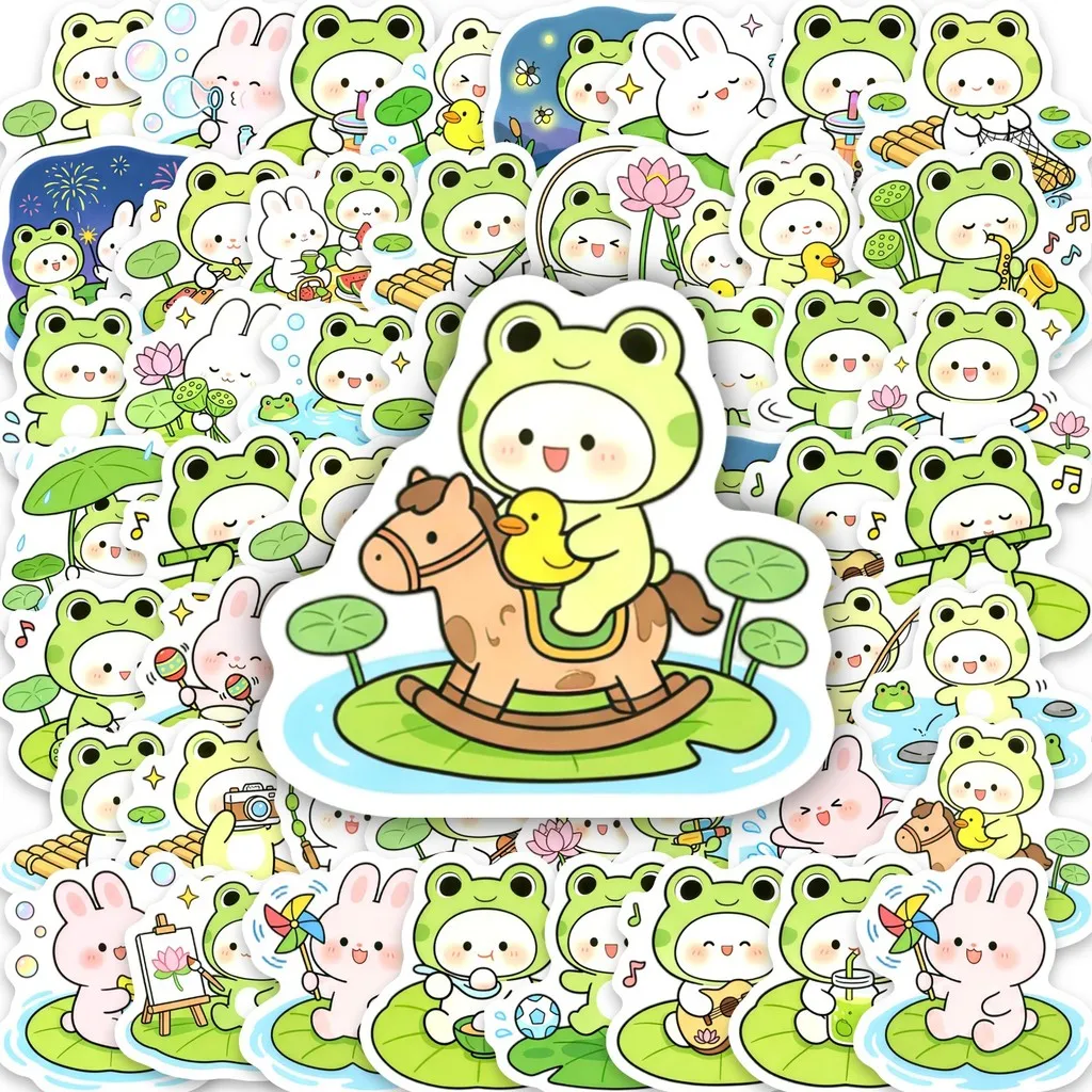Cartoon Sticker Set 50 Sheets Summer Lotus Leaf Bunny Frog Design Ins Accessories for DIY Craft Golden Memory Stickers Store