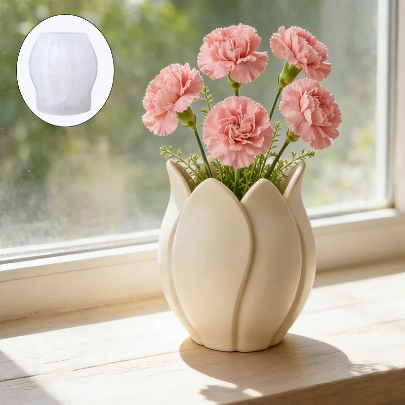 3D Tulip Vase Silicone Mold Tulip Flower Planter Vase Pen Holder Plaster Cement Storage Jar Craft Ornament Mold Home Decor