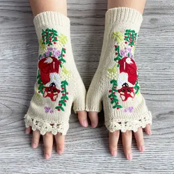 Autumn and winter  fox warm embroidery knitted  wool gloves for women