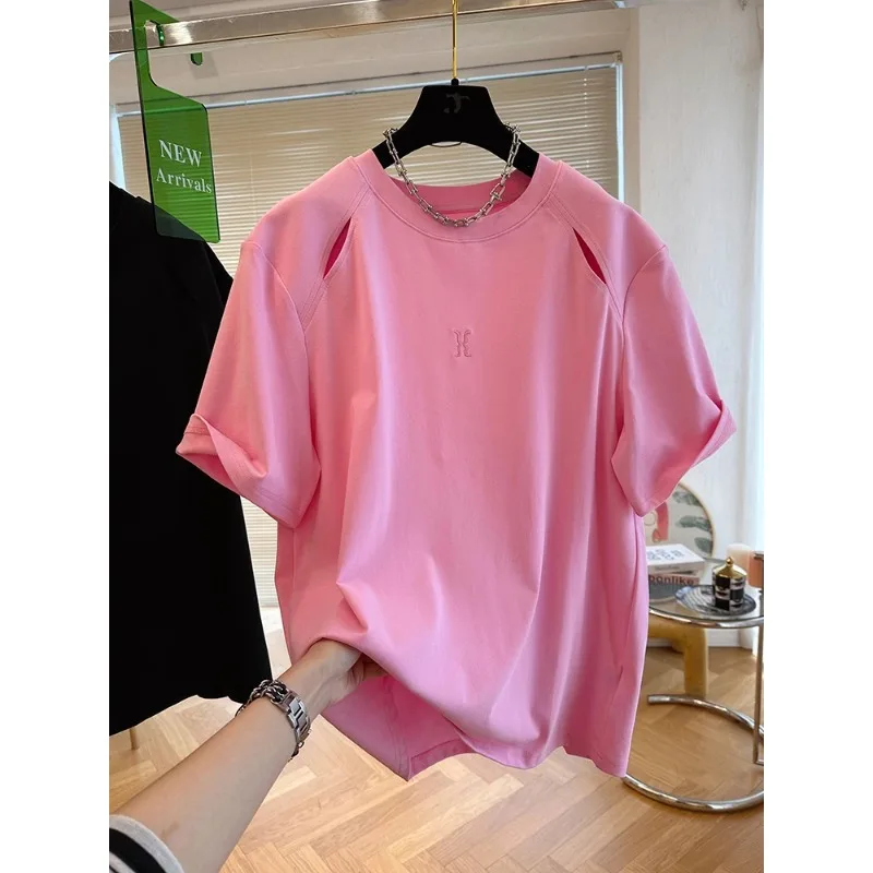 Women's Cut Out Shoulder Embroidered T-Shirt Crew Neck Rolled Sleeve Loose Fit Casual Summer Tee