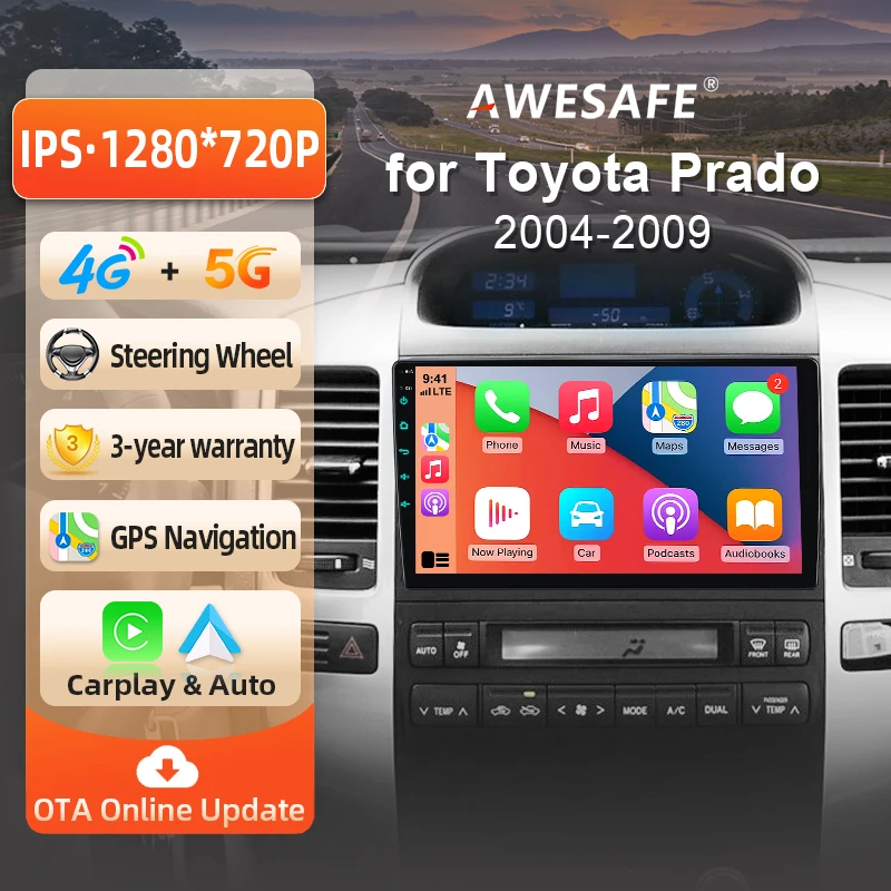 AWESAFE 9-Zoll-Android-Radio für Toyota Land Cruiser Prado 120 2004 - 2009, kabelloses CarPlay & Android Auto, GPS-Navigation, Multimedia, Unterstützung für Lenkradsteuerung, Subwoofer, Verstärker,
