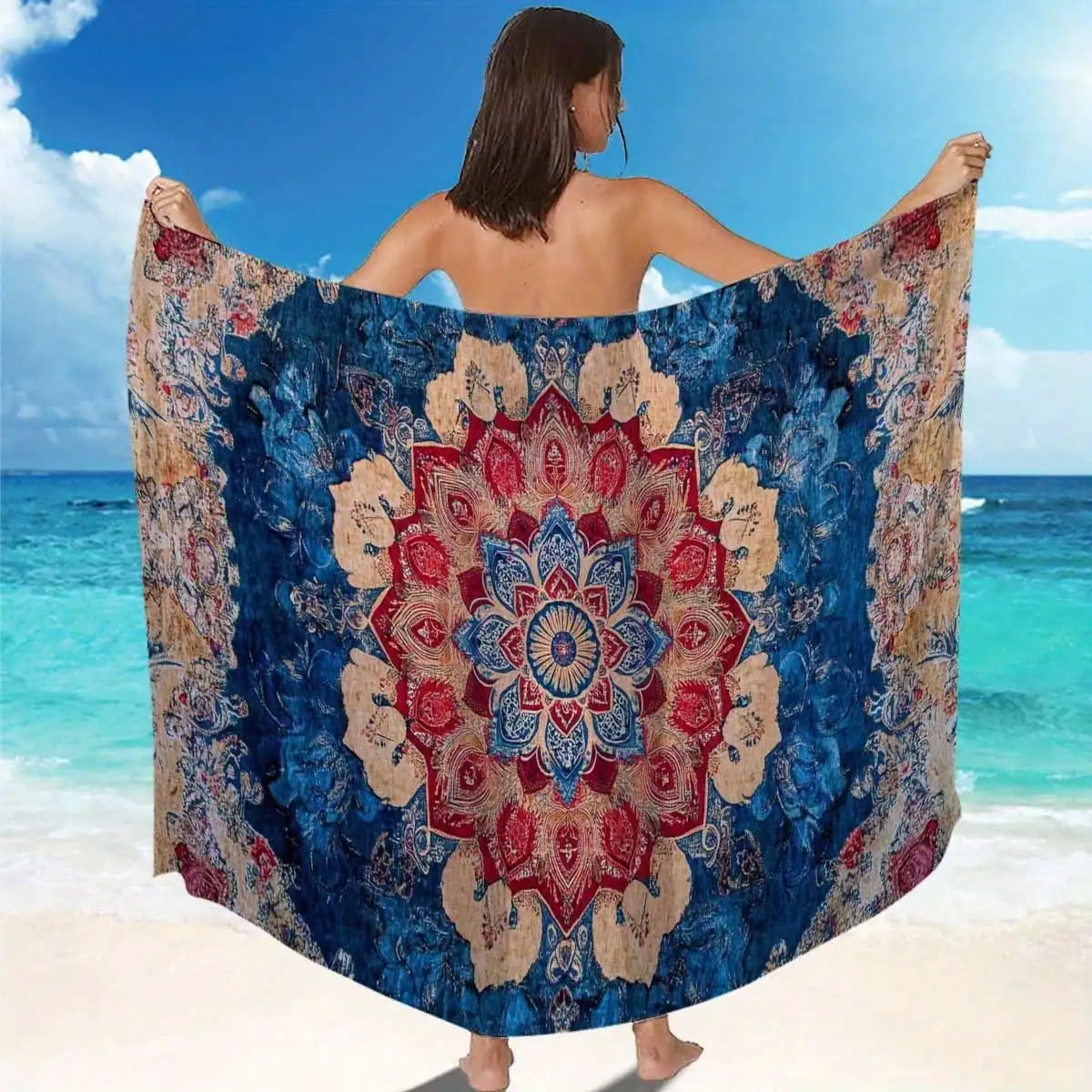

Bohemian Mandala Chiffon Beach Towel Lightweight Cover Up Sarong Blue Red Beige
