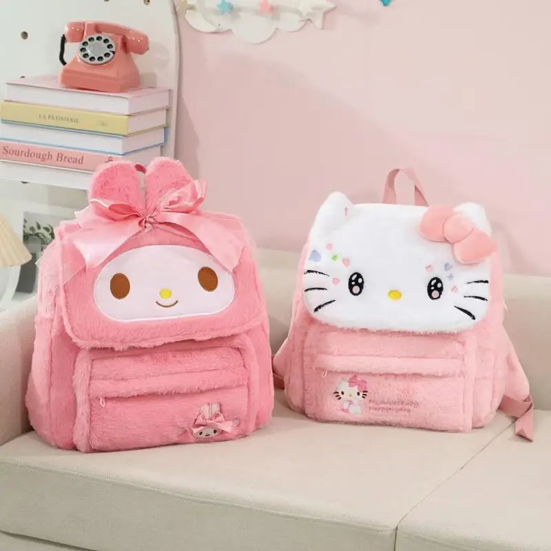 

Cute Cartoon Sanrioed My Melody Hello Kitty Plush Backpack Large Capacity Leisure Bag Sports Backpack Commuting Storage Bag