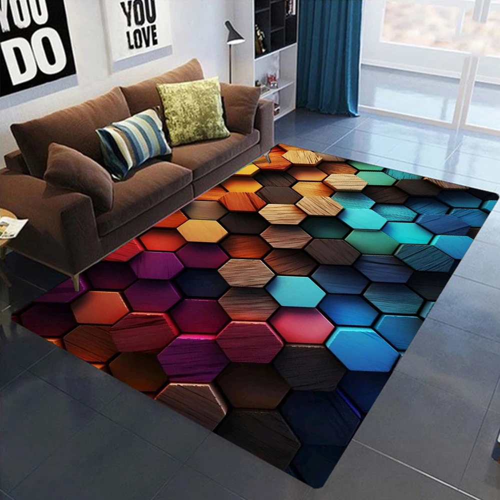 Hexagonal Wood Grain Carpet Mat Geometric Design of Non Slip Floor Mats for Living Rooms and Bedrooms Colorful Home Decor Carpet
