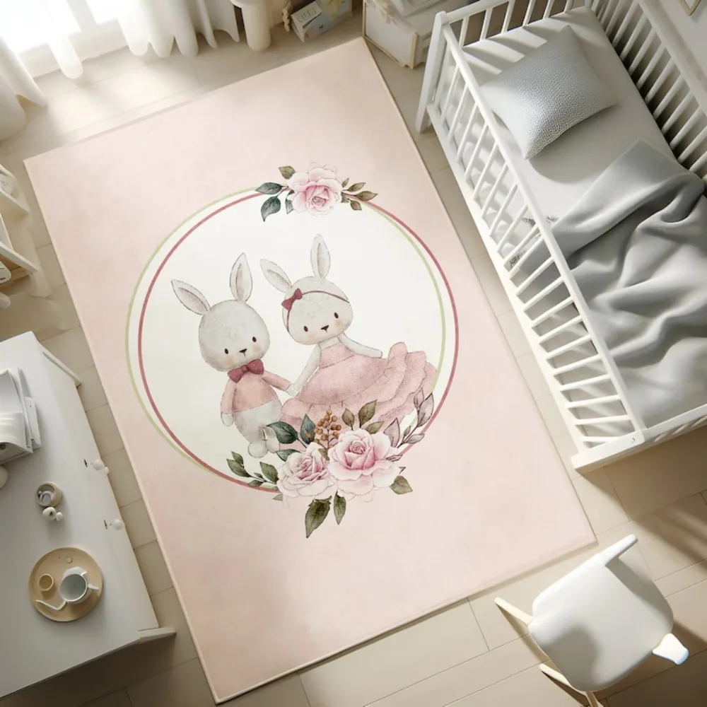 Cute Cartoon Bunny Area Rug for  Soft Non-Slip Washable Rabbit Print Carpet for  Bedroom  Home Decor