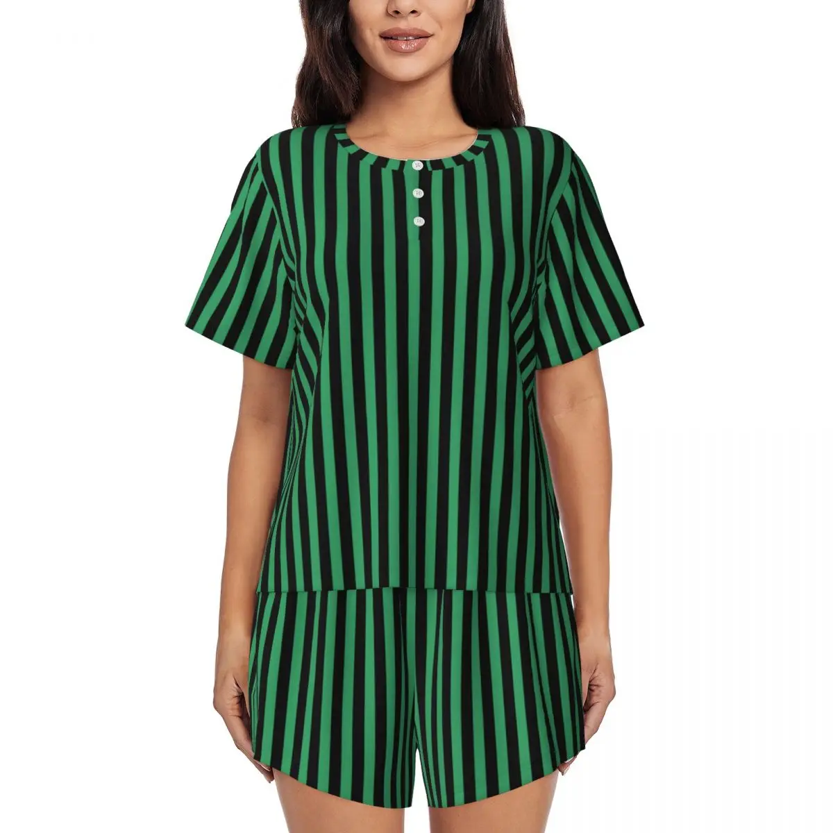 

Candy Striped Pajamas Green and Black Bedroom O Neck Nightwear Female 2 Piece Custom Short-Sleeve Elegant Pajama Sets