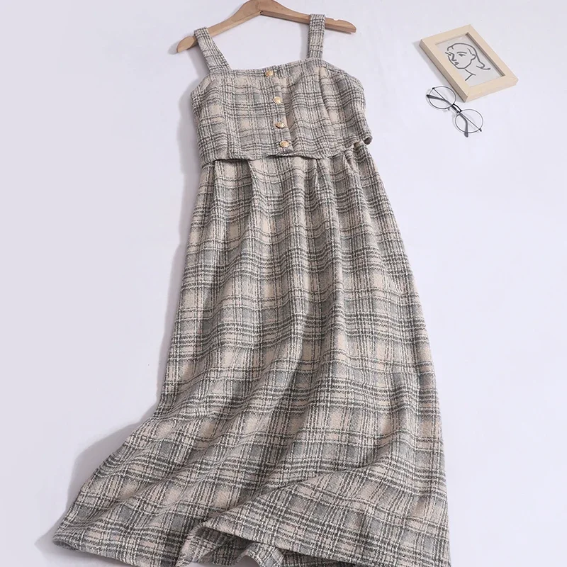 Hikigawa Vintage French Women Woolen Straps Dresses Spring Casual All Match Plaid Elegant Slim Waist Maxi Vestidos Mujer