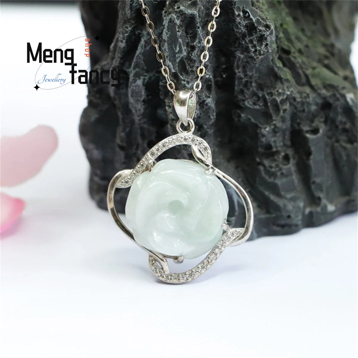 Natural S925 Silver Inlaid Jadeite Rose Necklace Simple Elegant Personality Fashion Versatile Best Selling Women Luxury Jewelry