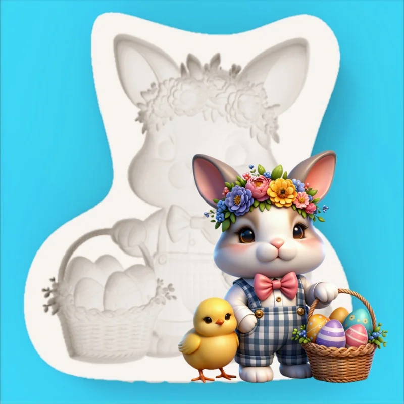 Healing-Themed Baking Molds: Plaid Overalls, Wreath, Rabbit, Easter Egg, and Chick-Shaped Silicone Molds for Fondant, Chocolate, Cookie, and Cake Decoration DIY Molds
