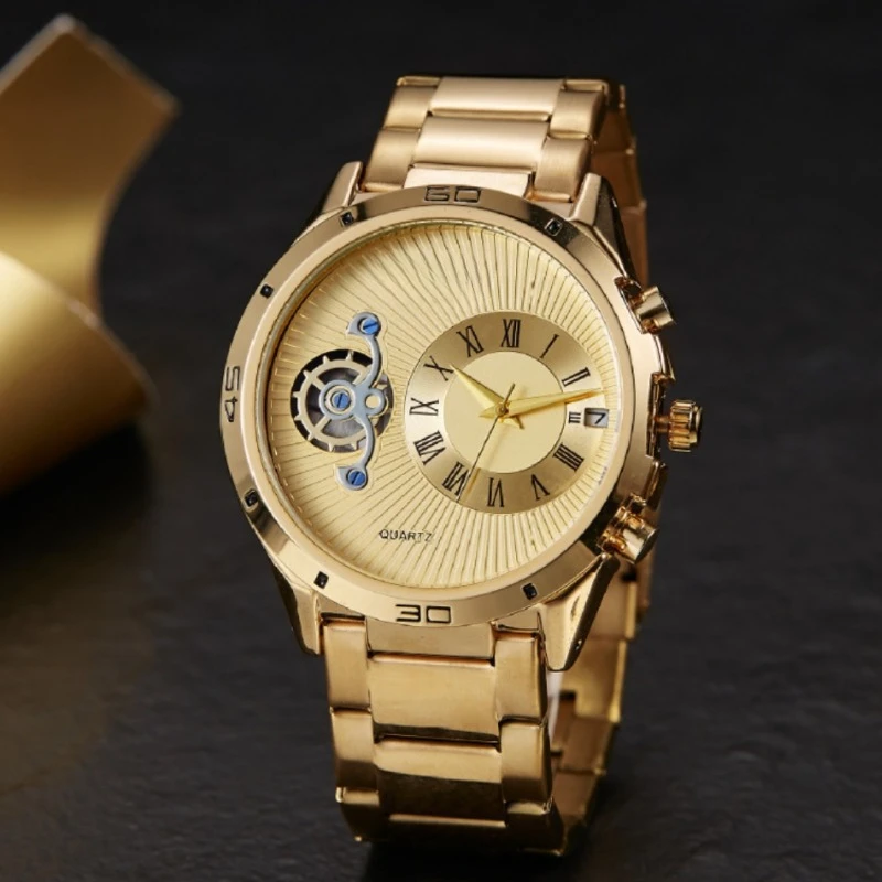 Luxury Feituo wheel non-mechanical watch gold steel belt simple fashion business men's watch