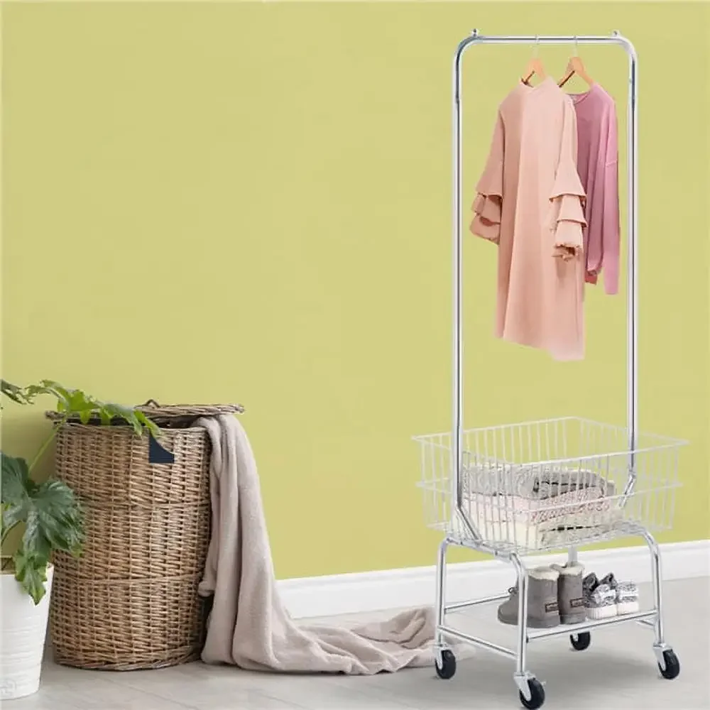 3-Tier Heavy Duty Rolling Laundry Cart with Hanging Bar Chrome-plated Iron Construction Home Hotels Restaurants 71