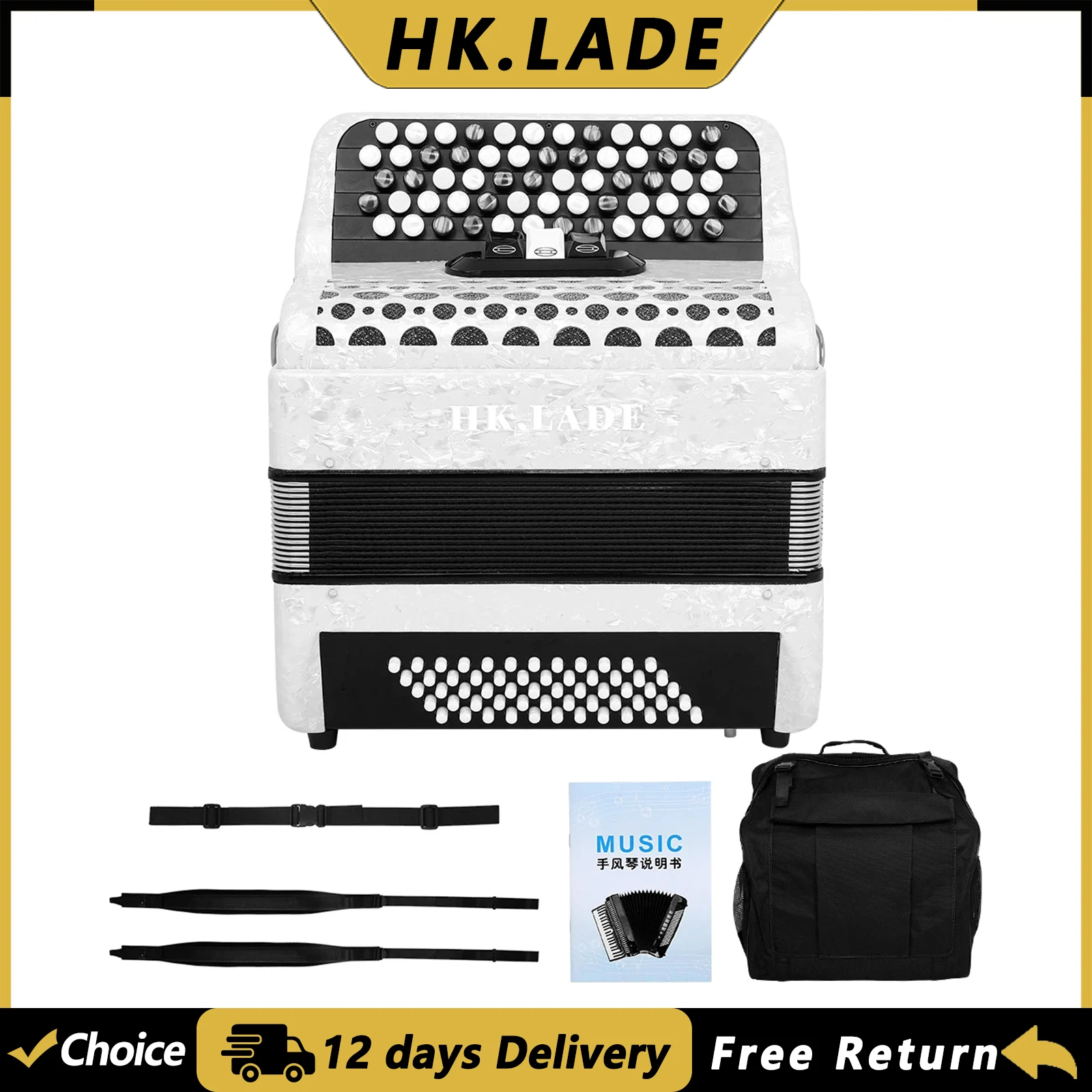 HK.LADE AH-250 Multiple-voice Accordion 62 Keys 60 Bass Bayan Accordion with Bag Keyboard Instrument for Grading Performance