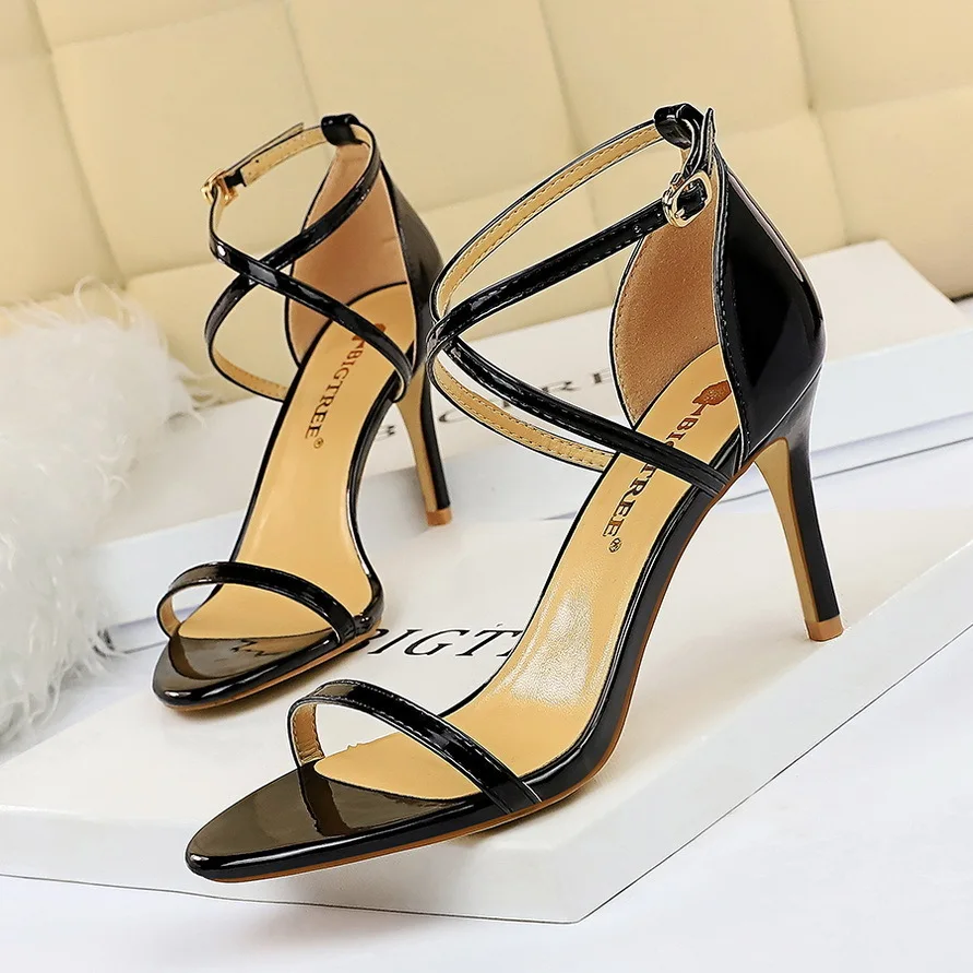 

Women Pumps Shoes Fashion Summer Simple Slim High Heels Lacquer Leather Cross Strap Sexy Nightclub Sandals Ladies туфли женские