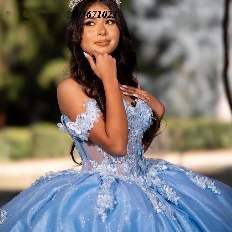 ANGELSBRIDEP brokatowe błękitne aplikacje suknie balowe sukienki Quinceanera na specjalne okazje dziewczyna Brithday Vestidos De Xv Años