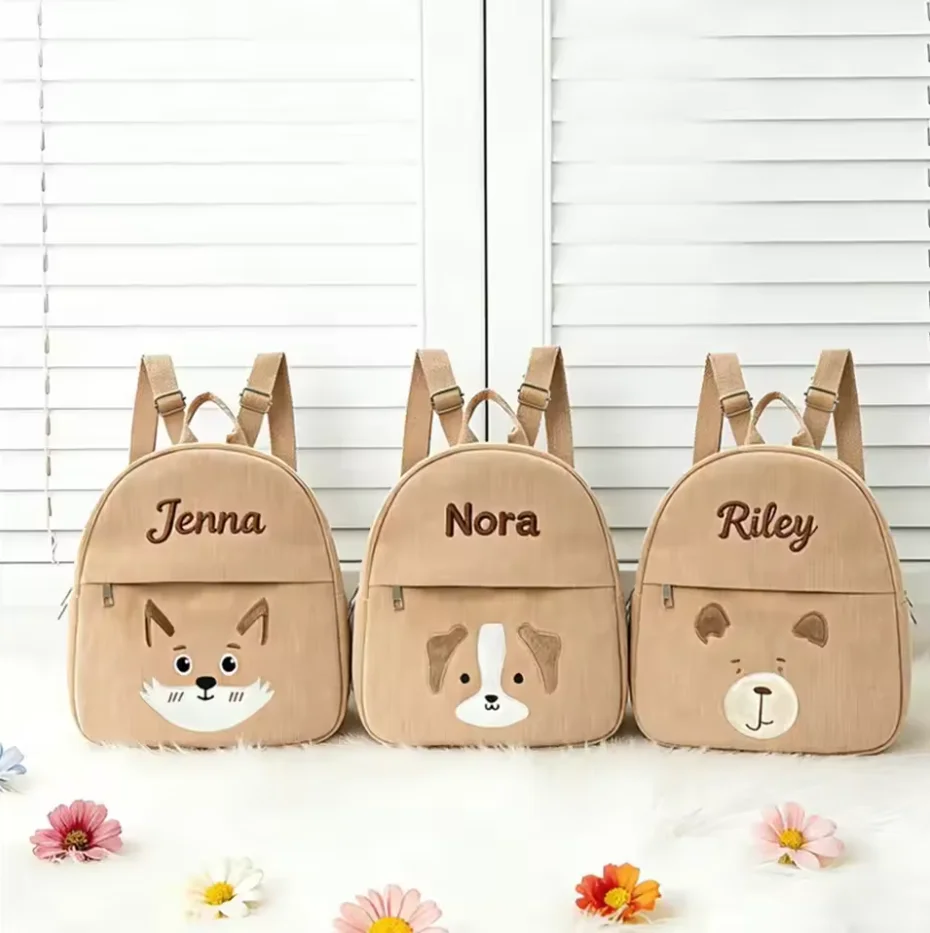 Custom Embroidery Name Cartoon Teddy Bear Corduroy Children's Kindergarten Bag, Embroidered Name Cute Baby Backpacks Kids Gifts