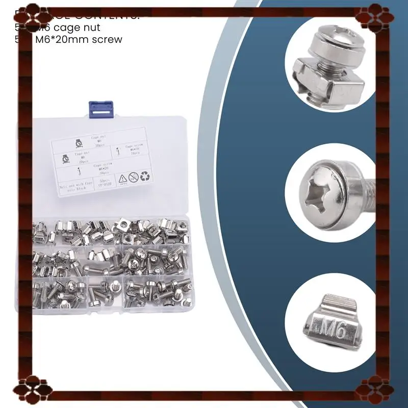 تسليم 24 ساعة 50 مجموعة M6 ثقب مربع الأجهزة قفص المكسرات ومسامير التثبيت غسالات لرف الخادم والخزانة (M6 X 20 مم) (المسمار +