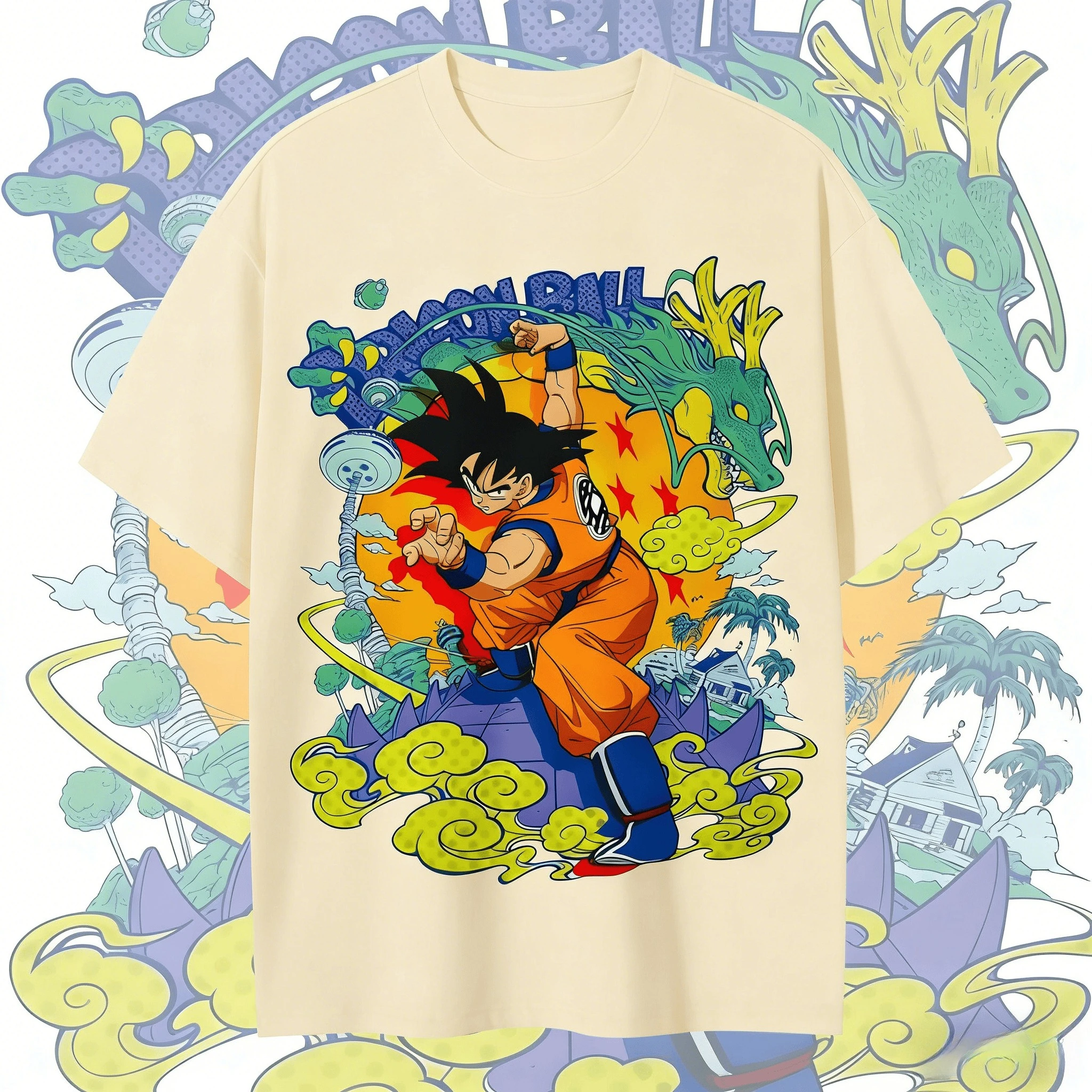 2026 Sommer Dragon Ball Goku & Shenron Vintage-Print Oversized Rundhals-T-Shirt aus 100% Baumwolle – Lässige Oberteile für Herren, Damen und Kinder