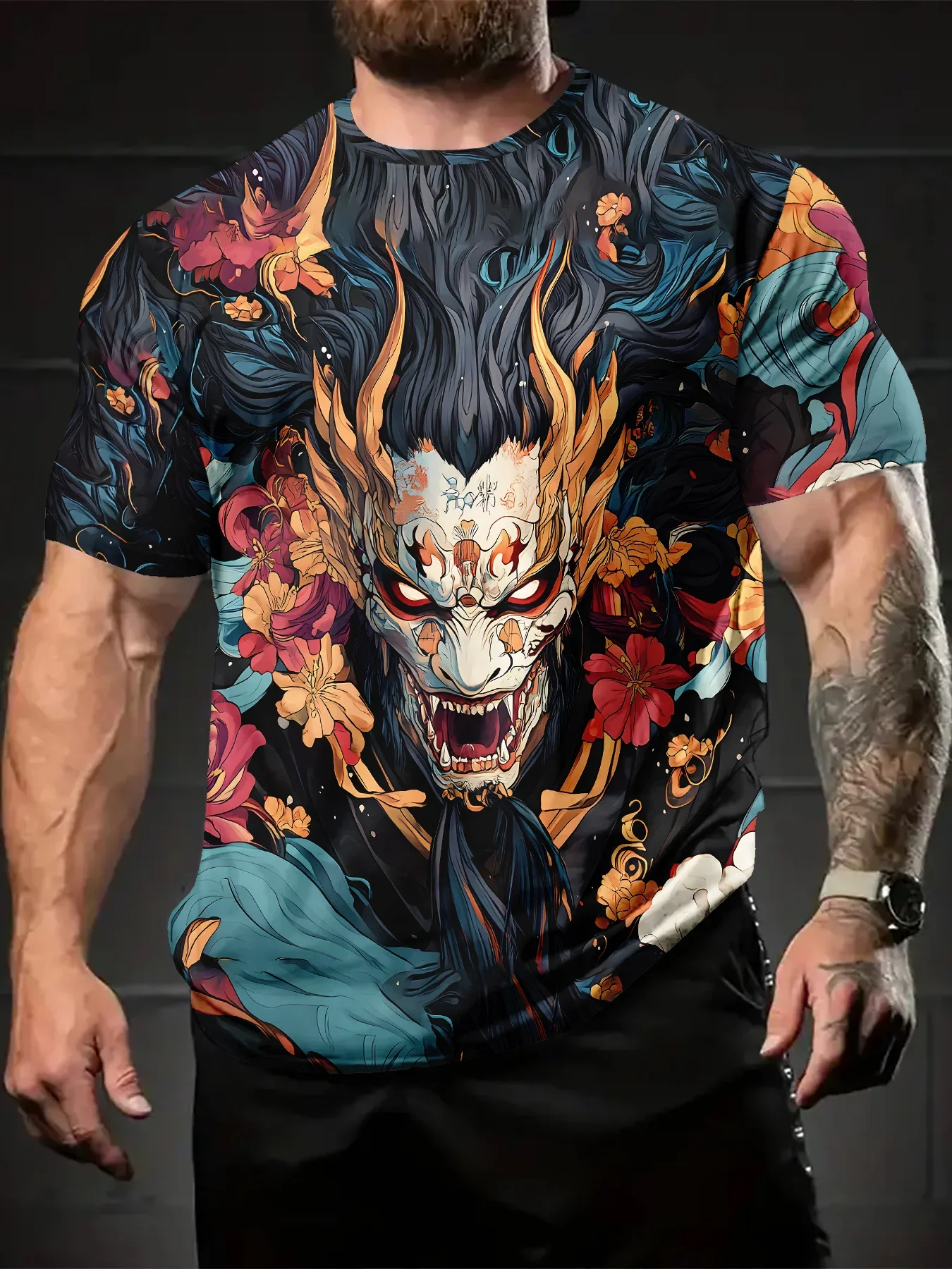 

Men's 3D Digital Print Japanese & Floral T-Shirt Summer Short Sleeve Machine Washable Japanese T Shirt 2025 New In