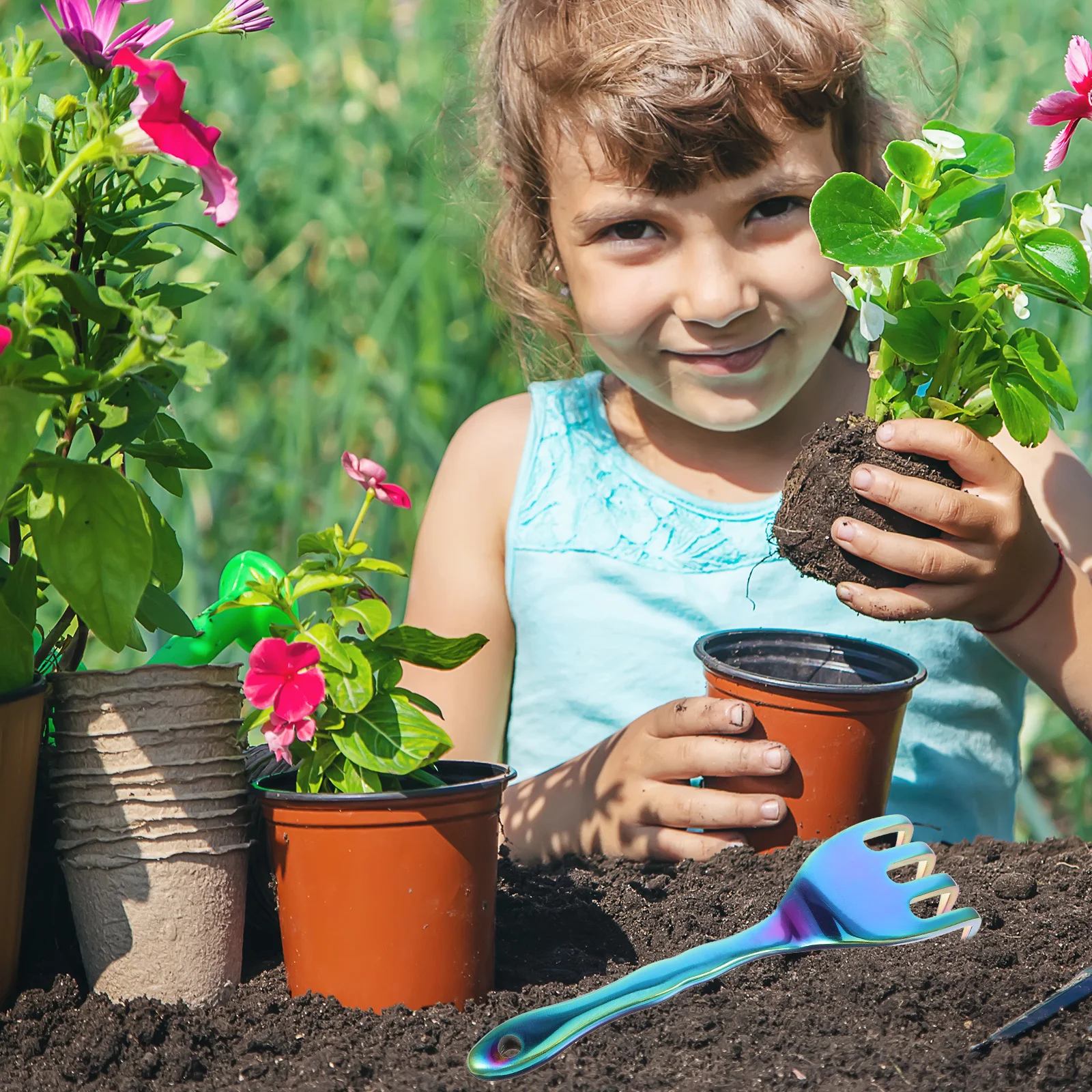 

Small Hand Rake Metal Garden Rake 4 Tines Multi-Purpose Gardening Tool for Lawn Vegetable Flowers Hand Cultivator