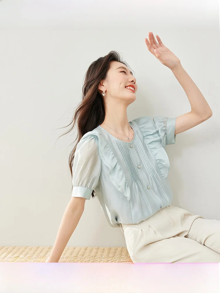 

Blue Short Sleeve Loose Shirt Women's Summer New Style Lenzing Fabric Slimming Top French Style round Neck Casual Shirt