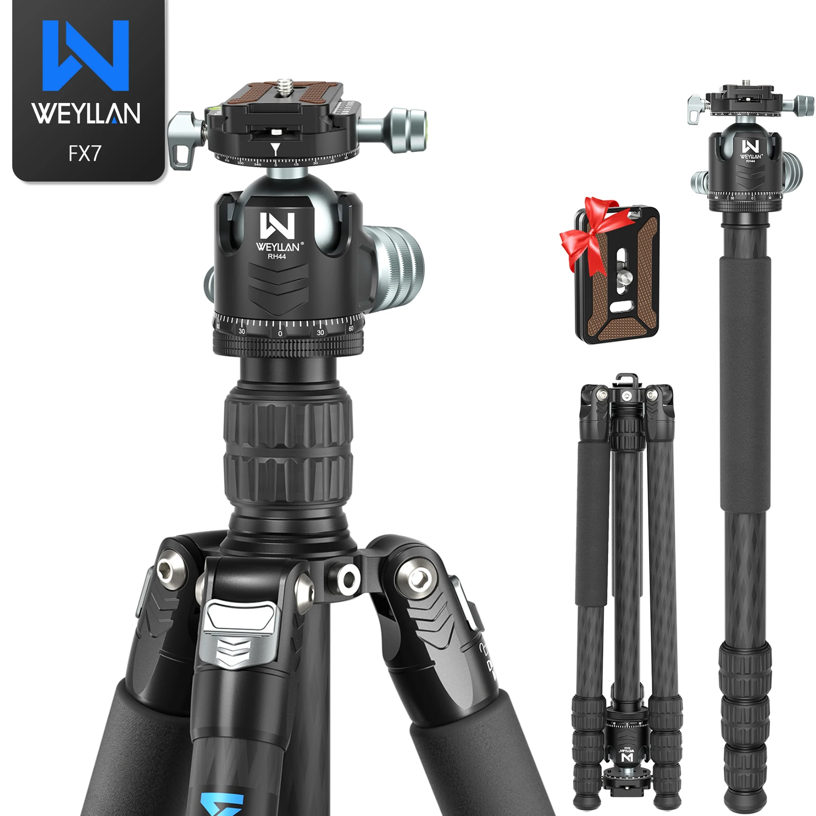 Weyllan FX7 Professional Carbon Fiber Tripod 76.2inch Max Load 25kg Tripod Monopod for Digital DSLR Heavy Duty Camera Stand