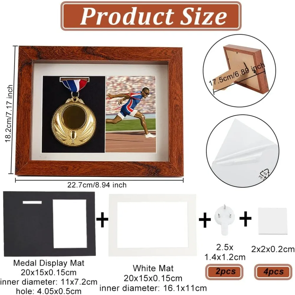 Medal Display Shadow Box Brown Medal Display Case Natural Wood Photo Frames with Clear Window for Military Medals, Beach Tags