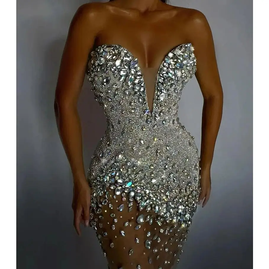 Vestido corto de malla con cuentas de cristal y purpurina para mujer, ropa de fiesta, Club, actuación en escenario, vestido de cumpleaños, marca de lujo