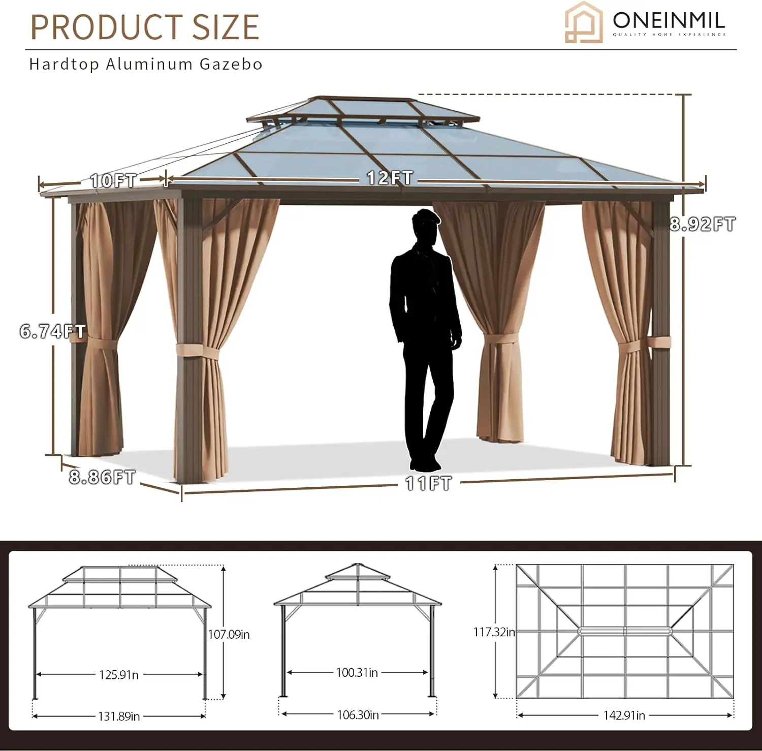 10'x12' Hardtop Gazebo with Netting and Curtains, Outdoor Gazebo with Aluminum Frame, Double Roof Canopy Party Tent for Patio