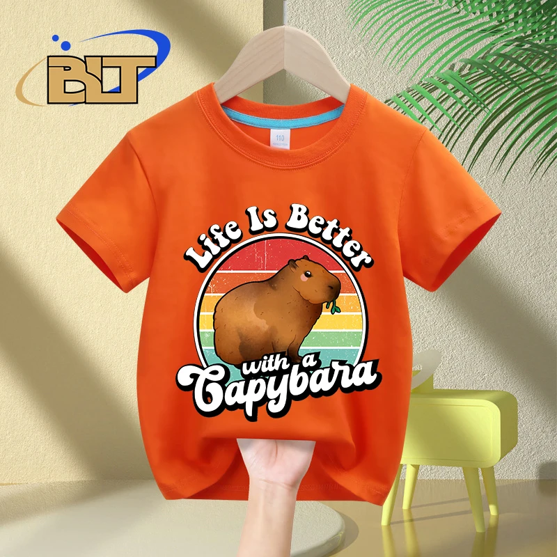 Life is better with a capybara cartoon print kids T-shirt summer children's cotton short-sleeved casual tops for boys and girls