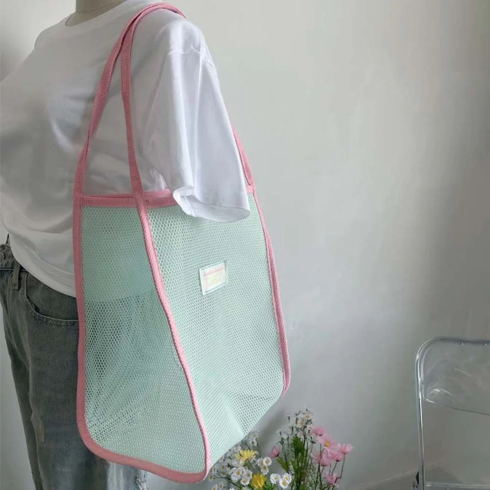 

Breathable Mesh Tote Bag Fluorescence Color Large Capycity Beach Grid Handbag Dopamine Transparent Hollow Out Shoulder Pouch